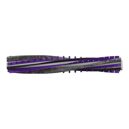 A close-up image of a vacuum cleaner brush roll with black and purple bristles and strips, isolated on a white background.