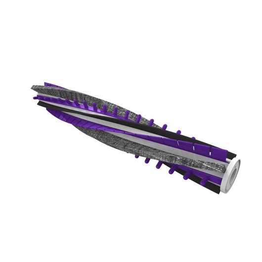 A cylindrical vacuum cleaner brush roll with purple, black, and gray bristles and spiraled design, shown against a white background.