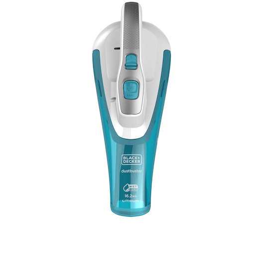 A BLACK+DECKER dustbuster handheld vacuum cleaner with a blue and white design, featuring a lithium battery and wet/dry cleaning capability, shown from above.